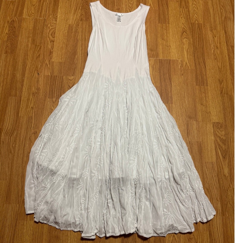 Vasna White Sleeveless Embroidered Maxi Dress Small Boho Mixed Media Crinkle